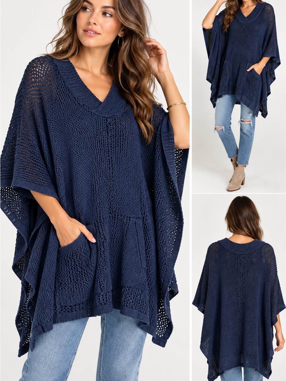 L’ogan Navy Blue Open Knit Oversized Poncho Sweater V Neck. Size One Size